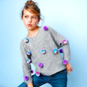 Cat & Jack Gray Pullover 3/4 Sleeve Colorful Pom Pom Sweater Girls XS 4/5